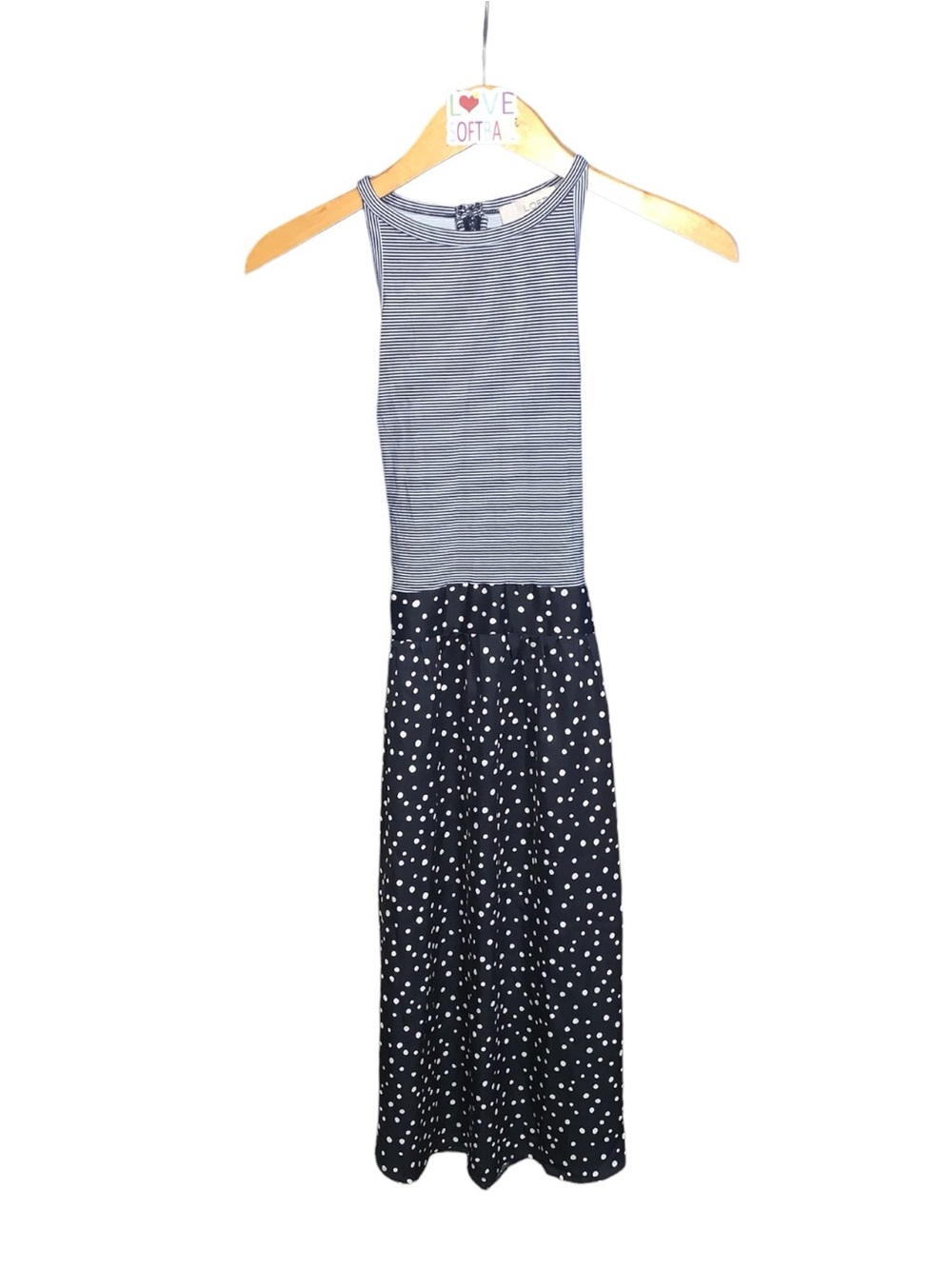 Loft Petites 00P Dark Navy Polka Dot Stripes Sleeveless Dress Midi Office